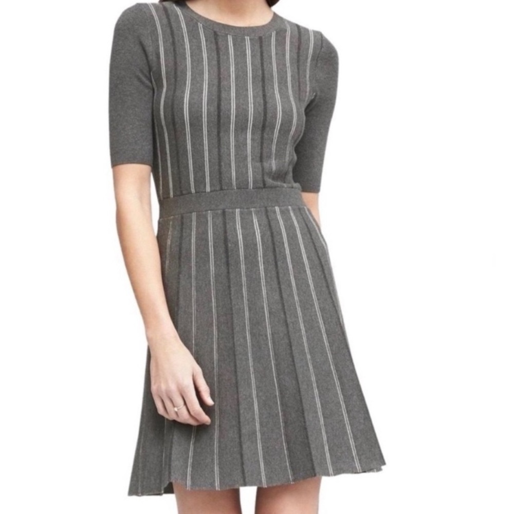 Banana Republic Fit & Flair Pleated‎ Gray Striped Sweater Dress, Career Wear